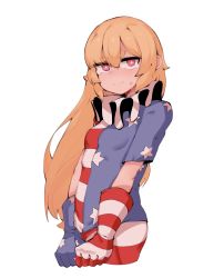 Rule 34 | 1girl, american flag dress, american flag gloves, american flag legwear, bad id, bad pixiv id, blonde hair, closed mouth, clownpiece, cowboy shot, cropped legs, dress, fairy, gloves, hair between eyes, highres, long hair, pantyhose, pink eyes, short sleeves, simple background, solo, soya6479, star (symbol), star print, striped clothes, striped dress, striped pantyhose, tears, thick eyebrows, touhou, white background