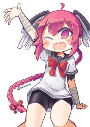 Rule 34 | 10s, 1girl, :d, ahoge, arm up, bandages, bike shorts, blush, bow, bowtie, headgear, japanese clothes, kantai collection, kariginu, nanatsuta, nenohi (kancolle), one eye closed, open mouth, pink eyes, pink hair, sailor collar, simple background, smile, solo, twitter username