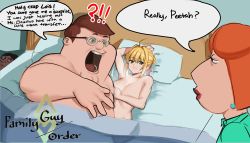 Rule 34 | 2boys, 2girls, absurdres, animification, areola slip, blonde hair, breasts, caught, covering privates, covering breasts, crossover, earrings, english text, family guy, fate (series), glasses, glenn quagmire, green eyes, hair between eyes, hair intakes, head on pillow, highres, jewelry, kowai (iamkowai), lipstick, lois griffin, makeup, multiple boys, multiple girls, nero claudius (fate), nero claudius (fate) (all), nude, on bed, orange hair, parody, peter griffin, when you see it