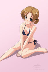 Rule 34 | 1girl, artist name, bare arms, bare legs, bare shoulders, barefoot, between legs, bikini, black bikini, black bow, blue eyes, blush, bow, braid, breasts, breasts squeezed together, brown hair, cleavage, closed mouth, collarbone, girls und panzer, hair bow, hair intakes, halterneck, hand between legs, looking at viewer, matsui yasutsugu, orange pekoe (girls und panzer), pink background, short hair, side-tie bikini bottom, sideboob, sitting, small breasts, smile, solo, swimsuit