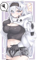 Rule 34 | 1girl, animal ears, arknights, aurora (arknights), bear ears, black gloves, black hairband, black shirt, blush, breasts, cleavage, commentary request, cowboy shot, crop top, gloves, grey eyes, grey shorts, hair ornament, hairband, hairclip, hand on own chest, highres, large breasts, long hair, long sleeves, looking at viewer, midriff, navel, pouch, shirt, short shorts, shorts, shrug (clothing), solo, spoken squiggle, squiggle, standing, stomach, tenten (1010haka), very long hair, white hair