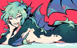 Rule 34 | 1girl, blazemalefica, blood, blood on face, breasts, fins, green hair, grin, looking at viewer, lying, mermaid, monster girl, on stomach, scales, sharp teeth, sideboob, small breasts, smile, solo, teeth