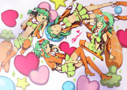 Rule 34 | 4girls, boots, breasts, carrot, closed eyes, goggles, green eyes, green hair, gumi, headphones, heart, highres, lying, medium breasts, gumi (v3 megpoid), midriff, multiple girls, multiple persona, navel, on side, one eye closed, shorts, skirt, suspenders, thigh boots, thighhighs, ukke, underboob, vocaloid, wink, zettai ryouiki