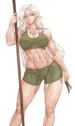 Rule 34 | abs, bare arms, bare legs, crop top, earrings, green eyes, green ribbon, green shorts, green tank top, highres, holding, holding ribbon, holding staff, jewelry, long eyelashes, long hair, looking at viewer, midriff, muscular, muscular female, necklace, original, ribbon, shorts, skin tight, staff, standing, tank top, tezy8art, white background, white hair