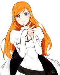 Rule 34 | 1girl, bleach, breasts, deng (vlvlthfk), dress, grey eyes, hair ornament, hands up, inoue orihime, long hair, long sleeves, looking at viewer, open mouth, orange hair, puffy long sleeves, puffy sleeves, simple background, solo, tears, upper body, white background, white dress