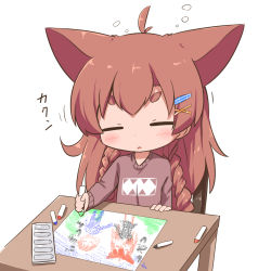 Rule 34 | 1girl, animal ears, braid, brown hair, chibi, child&#039;s drawing, commentary request, crayon, closed eyes, hair ornament, hairclip, highres, lonely, makuran, original, simple background, sleepy, solo, table, thick eyebrows, twin braids, white background, x hair ornament