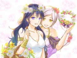 Rule 34 | 2girls, armlet, armpits, artist request, bare shoulders, basket, blonde hair, blue eyes, bracelet, breasts, capelet, cleavage, clenched hands, collarbone, dress, eyelashes, female focus, fire emblem, fire emblem awakening, fire emblem heroes, flower, friends, hair between eyes, hand up, hands up, happy, highres, holding, intelligent systems, jewelry, long dress, long hair, looking at another, lucina (fire emblem), lucina (valentine) (fire emblem), matching hair/eyes, medium breasts, multiple girls, neck, nintendo, no bra, official alternate costume, open mouth, parted bangs, robin (female) (fire emblem), robin (female) (valentine) (fire emblem), robin (fire emblem), rope belt, side slit, sidelocks, sleeveless, sleeveless dress, small breasts, sundress, symbol in eye, twintails, upper body, white dress, white hair, yellow eyes