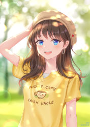 Rule 34 | 1girl, :d, artist name, beret, blue eyes, blurry, blurry background, brown hair, clothes writing, commentary, dated, earrings, english commentary, forest, hat, highres, hoop earrings, jackmiho, jewelry, looking at viewer, medium hair, nature, open mouth, original, outdoors, shirt, short sleeves, smile, solo, yellow hat, yellow shirt