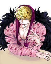 Rule 34 | 1boy, blonde hair, cigarette, coat, donquixote rocinante, fur coat, heart, heart print, hood, lipstick, long sleeves, looking at viewer, makeup, male focus, one piece, onepiece tabby, pectoral cleavage, pectorals, red hood, sanpaku, short hair, smeared lipstick, smile, smoking, solo, tsurime, upper body
