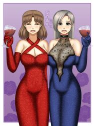 Rule 34 | 2girls, alcohol, alternate costume, alternate hairstyle, blue dress, breasts, brown hair, chibiosaka, chitose (kancolle), chiyoda (kancolle), choker, cleavage, closed eyes, cocktail dress, cup, dress, drinking glass, earrings, eyelashes, floral print, flower, grey eyes, grey hair, happy new year, highres, jewelry, kantai collection, lace, large breasts, long hair, medium hair, multiple girls, new year, open mouth, red dress, rose, rose print, side-by-side, smile, wine, wine glass