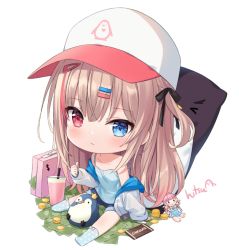Rule 34 | 1girl, :&lt;, baseball cap, black bow, black shorts, blue camisole, blue eyes, blue socks, blush, bow, brown hair, camisole, chibi, chocolate, closed mouth, coin, collarbone, commentary, doll, dollar sign, english commentary, full body, hair between eyes, hair bow, hair ornament, hairclip, hat, heterochromia, highres, hitsukuya, jacket, long hair, long sleeves, looking at viewer, money, multicolored hair, no shoes, off shoulder, one side up, open clothes, open jacket, original, polka dot, polka dot legwear, red eyes, red hair, short shorts, shorts, signature, sitting, socks, solo, strap slip, streaked hair, suitcase, thumbs up, very long hair, white background, white hat, white jacket