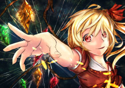 Rule 34 | blonde hair, crack, fingernails, flandre scarlet, hair ribbon, highres, looking at viewer, no headwear, no headwear, outstretched hand, parted lips, puffy short sleeves, puffy sleeves, red eyes, ribbon, short hair, short sleeves, side ponytail, sinkai, slit pupils, solo, touhou, upper body, wings