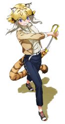 Rule 34 | 1girl, absurdres, animal ears, animal print, beige jacket, belt, black footwear, blonde hair, blue eyes, blush, bomber jacket, bow, capri pants, casual, denim, drawing sword, full body, fur trim, hair bow, highres, holding, holding sword, holding weapon, jacket, jeans, jewelry, kemono friends, kemono friends 3, long sleeves, multicolored hair, necklace, official alternate costume, pants, red bow, saber (weapon), scabbard, sheath, shoes, short hair, sidelocks, smilodon (kemono friends), sneakers, solo, sweater, sword, tail, tanabe (fueisei), tiger ears, tiger girl, tiger print, tiger tail, turtleneck, turtleneck sweater, unsheathing, weapon, white belt, white fur, white hair, white sweater