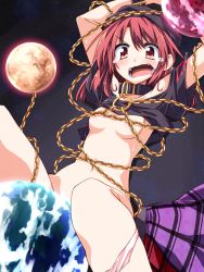 Rule 34 | 1girl, arms up, blush, bottomless, breasts, chain, clothes lift, collar, convenient censoring, earth (planet), gradient background, hat, hecatia lapislazuli, hemogurobin a1c, moon, no bra, open mouth, panties, panties around leg, planet, red eyes, red hair, shirt lift, skirt, small breasts, solo, tears, touhou, underwear, unworn skirt
