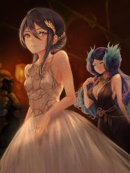 Rule 34 | 2girls, absurdres, alternate costume, bare shoulders, black hair, blue fire, breasts, brighid (xenoblade), cleavage, elbow gloves, closed eyes, fiery hair, fire, gala dress, gloves, highres, large breasts, long hair, medium breasts, morag ladair (xenoblade), multiple girls, purple hair, remaco, thighhighs, very long hair, xenoblade chronicles (series), xenoblade chronicles 2