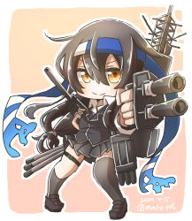 Rule 34 | 1girl, adapted turret, aiming, aoba (akibajun), black hair, black jacket, black skirt, black thighhighs, blazer, blue headband, cannon, commentary request, foreshortening, full body, hatsushimo (kancolle), hatsushimo kai ni (kancolle), headband, highres, jacket, kantai collection, long hair, low-tied long hair, machinery, orange eyes, pleated skirt, school uniform, single thighhigh, skirt, smile, solo, standing, thighhighs, turret