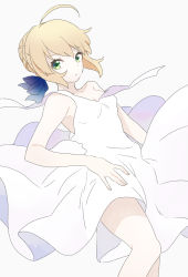 Rule 34 | 1girl, :o, ahoge, artoria pendragon (all), artoria pendragon (fate), blonde hair, blue bow, bow, breasts, collarbone, commentary, dress, fate/stay night, fate (series), green eyes, hair bow, hair ornament, highres, long hair, looking at viewer, open mouth, saber (fate), simple background, sleeveless, small breasts, solo, suzuakks, white background, white dress