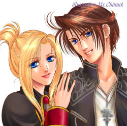 Rule 34 | 1990s (style), 1boy, 1girl, black jacket, blonde hair, blue eyes, brown hair, earrings, final fantasy, final fantasy viii, hair up, jacket, jewelry, long bangs, lowres, mr.chinuck, necklace, quistis trepe, retro artstyle, scar, scar on face, shirt, squall leonhart, square enix, white shirt