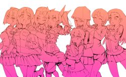 Rule 34 | 10s, 6+girls, anchovy (girls und panzer), chi-hatan military uniform, chomoran, darjeeling (girls und panzer), girls und panzer, hair ribbon, hat, katyusha (girls und panzer), kay (girls und panzer), long hair, mika (girls und panzer), monochrome, multiple girls, nishi kinuyo, nishizumi maho, nishizumi miho, pleated skirt, ribbon, shimada arisu, short hair, skirt, stuffed animal, stuffed toy, teddy bear, twintails, white background