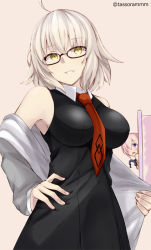 Rule 34 | 2girls, ahoge, bare shoulders, beige background, black-framed eyewear, black dress, blush, breasts, collared dress, commentary request, cosplay, dress, fate/grand order, fate (series), glasses, grey jacket, hair between eyes, hair over one eye, head tilt, jacket, jeanne d&#039;arc (fate), jeanne d&#039;arc alter (avenger) (fate), jeanne d&#039;arc alter (fate), large breasts, light brown hair, looking at viewer, mash kyrielight, mash kyrielight (cosplay), multiple girls, necktie, open clothes, open jacket, parted lips, pink hair, purple eyes, red neckwear, simple background, sleeveless, sleeveless dress, smile, solo focus, tasora, twitter username, yellow eyes