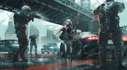 Rule 34 | 1girl, 3boys, aiming, bendy straw, black footwear, black jacket, black pants, boots, building, car, closed mouth, commentary request, crane (machine), dress, drinking, drinking straw, grey dress, grey hair, grey pantyhose, gun, helmet, highres, holding, holding gun, holding polearm, holding spear, holding weapon, jacket, long hair, motor vehicle, multiple boys, original, outdoors, pants, pantyhose, pointing weapon, polearm, rain, red eyes, scope, smile, spear, sports car, sports utility vehicle, suspension bridge, swav, very long hair, weapon