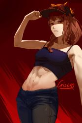 Rule 34 | 1girl, abs, absurdres, animal hat, arknights, arm up, ash (rainbow six siege), bare shoulders, black pants, braid, breasts, brown hair, brown hat, camisole, cat hat, collarbone, commentary, cowboy shot, crisom bingjiling, english commentary, hand on headwear, hat, highres, long hair, looking at viewer, medium breasts, navel, pants, parted lips, rainbow six siege, red background, red eyes, shaded face, single braid, solo, stomach
