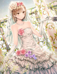 Rule 34 | 1girl, bare shoulders, bridal veil, brown eyes, brown hair, closed mouth, commentary request, dress, dsmile, flat chest, flower, frilled dress, frills, gloves, hair flower, hair ornament, holding hands, jewelry, misaka mikoto, necklace, plant, revision, rose, short hair, skirt hold, solo focus, standing, strapless, strapless dress, toaru kagaku no railgun, toaru majutsu no index, veil, wedding dress, white dress, white gloves