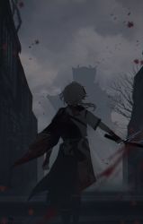 Rule 34 | 1boy, absurdres, architecture, bandaged hand, bandages, black gloves, blood, building, cloud, cloudy sky, east asian architecture, fingerless gloves, from behind, genshin impact, gloves, highres, holding, holding sword, holding weapon, japanese clothes, kaedehara kazuha, katana, kitsunekotori, leaf, male focus, maple leaf, multicolored hair, outdoors, ponytail, signature, sky, solo, sword, symbol-only commentary, tassel, tree, vision (genshin impact), weapon