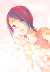 Rule 34 | 00s, 1girl, blue hair, collarbone, eyebrows, kaminogi haruka, looking at viewer, multicolored hair, noein, own hands together, red hair, short hair, simple background, sleeveless, solo, streaked hair, tank top, upper body, white background