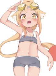 Rule 34 | 1girl, :d, animal ear fluff, animal ears, arm up, bare arms, bare shoulders, bikini, blush, collarbone, copyright request, fang, goggles, goggles on head, grey bikini, groin, light brown hair, long hair, looking at viewer, lyanon, navel, open mouth, ponytail, salute, short eyebrows, sidelocks, simple background, smile, solo, standing, swimsuit, thick eyebrows, very long hair, white background, yellow eyes