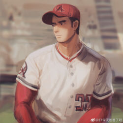 Rule 34 | 1boy, bara, baseball, baseball cap, hat, highres, light frown, looking to the side, male focus, original, short hair, sideburns, solo, steve zheng, thick eyebrows, toned, toned male, upper body