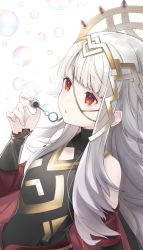 Rule 34 | 1girl, bubble, blowing bubbles, cleavage cutout, clothing cutout, crown, detached sleeves, fire emblem, fire emblem heroes, grey hair, hair ornament, highres, long hair, nintendo, parted lips, red eyes, ringozaka mariko, simple background, solo, veronica (fire emblem), white background