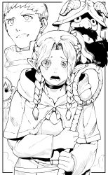 Rule 34 | 1girl, 3boys, absurdres, beard, braid, chilchuck tims, closed mouth, crying, crying with eyes open, dungeon meshi, facial hair, frown, helmet, highres, holding, holding staff, laios touden, looking at viewer, mage staff, marcille donato, monochrome, multiple boys, mustache, niwarhythm, open mouth, robe, saliva, senshi (dungeon meshi), short hair, simple background, staff, tears, twin braids, white background