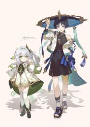 Rule 34 | 1boy, 1girl, black hair, boots, dress, full body, genshin impact, green eyes, green hair, grey background, hair ornament, hairclip, hat, highres, jacket, japanese clothes, jewelry, jingasa, long hair, long sleeves, looking at viewer, nahida (genshin impact), necklace, off shoulder, ponytail, purple eyes, sandals, scaramouche (genshin impact), shadow, side ponytail, simple background, socks, standing, thighhighs, tongue, tongue out, twitter username, unapoppo, wanderer (genshin impact), white dress, white hair, white thighhighs
