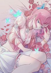 Rule 34 | 1girl, bead bracelet, beads, bed sheet, blouse, bracelet, bug, butterfly, crying, crying with eyes open, flower, highres, indie virtual youtuber, insect, jewelry, lying, medium hair, one side up, open mouth, petals, pink hair, pink shirt, rose, second-party source, see-through, shirt, skirt, solo, tears, virtual youtuber, white skirt, xiachaer, zenith (vtuber)