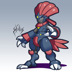 Rule 34 | armor, claws, closed mouth, clothed pokemon, costume, creatures (company), full armor, game freak, gen 4 pokemon, grey background, helmet, looking at viewer, nintendo, no humans, pokemon, pokemon (creature), red eyes, signature, simple background, solo, standing, weavile, x&#039;ellos