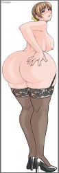 Rule 34 | 1girl, ass, ass grab, black footwear, blush, border, breasts, brown hair, champ+, dead or alive, from behind, full body, garter straps, grey border, high heels, highres, hip focus, huge ass, jpeg artifacts, kasumi (doa), lace, lace-trimmed legwear, lace trim, large breasts, legs together, looking at viewer, looking back, nude, pumps, short hair, simple background, skindentation, solo, standing, tagme, tecmo, thick thighs, thighhighs, thighs, white background, wide hips