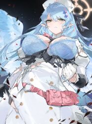 Rule 34 | 1girl, absurdres, ahoge, angel wings, blue archive, blue bra, blue hair, blue wings, bra, breasts, closed mouth, cross hair ornament, dress, gloves, green eyes, hair ornament, halo, hat, highres, large breasts, long hair, long sleeves, looking at viewer, looking down, mine (blue archive), multicolored hair, nurse, nurse cap, open mouth, paid reward available, pointy ears, puffy sleeves, solo, torn clothes, torn gloves, underwear, urosu (678 ner), very long hair, white background, white dress, white gloves, white hat, wings