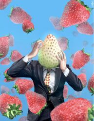 Rule 34 | 1boy, black jacket, blue background, buttoned cuffs, buttons, collared shirt, commentary request, food, food print, formal, fruit, highres, jacket, long sleeves, male focus, necktie, object head, original, print necktie, shirt, signature, simple background, strawberry, strawberry print, suit, utsusemi rari