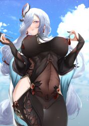 Rule 34 | 1girl, absurdres, azumaya talaka, black gloves, blue eyes, blue sky, blush, bodysuit, braid, breasts, clothing cutout, covered erect nipples, covered navel, elbow gloves, genshin impact, gloves, hair ornament, hair over one eye, highres, hip vent, large breasts, long hair, long sleeves, looking at viewer, low-braided long hair, low-tied long hair, partially fingerless gloves, puffy long sleeves, puffy sleeves, shenhe (genshin impact), shoulder cutout, sky, solo, tabard, tassel, thighs, very long hair, white hair