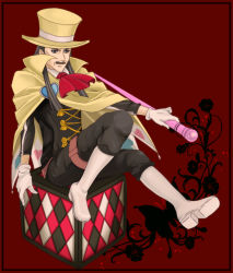 Rule 34 | 1boy, ace attorney, apollo justice: ace attorney, argyle, black hair, black pants, boots, box, cape, facial hair, gloves, hat, heart, holding, holding wand, knee boots, long hair, long sleeves, m bill, male focus, mustache, neckerchief, pants, red background, red neckerchief, simple background, sitting, solo, top hat, valant gramarye, wand, white footwear, white gloves, yellow cape, yellow hat