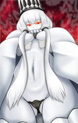 Rule 34 | 1girl, breasts, cloak, closed mouth, crown, fire, glowing, hair ornament, kantai collection, long hair, medium breasts, no bra, northern water princess, panties, ponytail, red eyes, silver hair, solo, tk (butakuma), twintails, underwear, undressing, very long hair, white cloak
