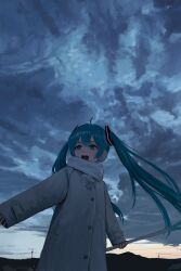 Rule 34 | 1girl, ahoge, blue eyes, blue hair, blush, buttons, cloud, cloudy sky, coat, earmuffs, food, hair ornament, hatsune miku, highres, holding, holding food, holding spring onion, holding vegetable, house, looking to the side, miku day, mountainous horizon, open mouth, outdoors, power lines, sakiika0513, scarf, sky, sleeves past wrists, smile, solo, spring onion, star (sky), twilight, twintails, upper body, utility pole, vegetable, vocaloid, white coat, white scarf, winter clothes, winter coat