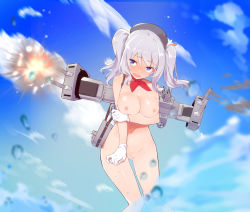 Rule 34 | 1girl, blue eyes, blue sky, blush, breasts, caburi, caburi aki, cleft of venus, cloud, cloudy sky, embarrassed, female focus, gloves, gluteal fold, highres, kantai collection, kashima (kancolle), machinery, navel, nipples, open mouth, outdoors, pussy, silver hair, sky, solo, twintails, water, weapon, white gloves
