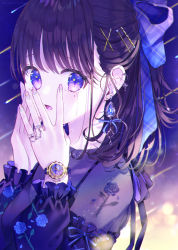 Rule 34 | 1girl, black hair, blue bow, blue eyes, blue gemstone, bow, breasts, collarbone, crying, ear piercing, earrings, frilled sleeves, frills, gem, gradient nails, hair bow, highres, jewelry, kappe reeka, looking at viewer, medium breasts, nail polish, open mouth, original, own hands together, piercing, ring, see-through, see-through shirt, solo, star (symbol), star earrings, star in eye, symbol in eye, tears, watch, wristwatch