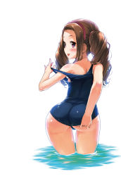 Rule 34 | 1girl, :p, adjusting clothes, adjusting swimsuit, arched back, ass, bare shoulders, blush, brown hair, drill hair, from behind, highres, idolmaster, idolmaster (classic), looking back, minase iori, one-piece swimsuit, red eyes, school swimsuit, shirane taito, smile, solo, strap pull, swimsuit, tongue, tongue out, twin drills, twintails, wading, water, wet