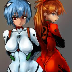 Rule 34 | 2girls, artist request, ass, ayanami rei, blue eyes, blue hair, blush, bodysuit, breasts, brown hair, curvy, feet out of frame, highres, huge ass, lips, looking at viewer, looking back, medium breasts, multiple girls, neon genesis evangelion, plugsuit, red bodysuit, red eyes, shiny clothes, shiny skin, souryuu asuka langley, standing, two side up, white bodysuit, wide hips