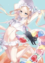 Rule 34 | 1girl, abigail williams (fate), abigail williams (swimsuit foreigner) (fate), abigail williams (swimsuit foreigner) (third ascension) (fate), absurdres, armpits, arms behind head, arms up, bare shoulders, bikini, black cat, blonde hair, blue eyes, blush, bonnet, bow, breasts, cat, fate/grand order, fate (series), forehead, hair bow, highres, innertube, long hair, looking at viewer, miniskirt, misaki346, navel, open mouth, parted bangs, sidelocks, skirt, small breasts, solo, swim ring, swimsuit, twintails, very long hair, white bikini, white bow, white headwear