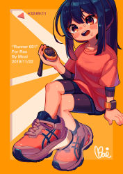 Rule 34 | 1girl, absurdres, bike shorts, black hair, black shorts, border, dated, english text, full body, highres, invisible chair, long hair, moai (more e 4km), open mouth, orange background, orange border, original, pink footwear, pink shirt, ponytail, shirt, shoes, shorts, sidelocks, signature, sitting, sneakers, solo, sweat, t-shirt