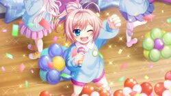 Rule 34 | 3girls, aged down, ahoge, balloon, blonde hair, blue dress, blue eyes, blue ribbon, blue skirt, child, clenched hand, concert, confetti, dot nose, dress, film grain, from above, game cg, hair ribbon, high ponytail, himura nagisa, hokaze kanade, holding, holding microphone, izumi tsubasu, kindergarten uniform, long hair, microphone, multiple girls, non-web source, official art, one eye closed, open mouth, pink footwear, pink hair, pink shorts, pink skirt, raised fist, re:stage!, ribbon, shiratori amaha (re:stage!), shoes, short hair, short ponytail, shorts, skirt, smile, smock, socks, solo focus, sparkle, stage, standing, standing on one leg, star (symbol), teeth, upper teeth only, white footwear, white socks, wooden floor, yellow footwear